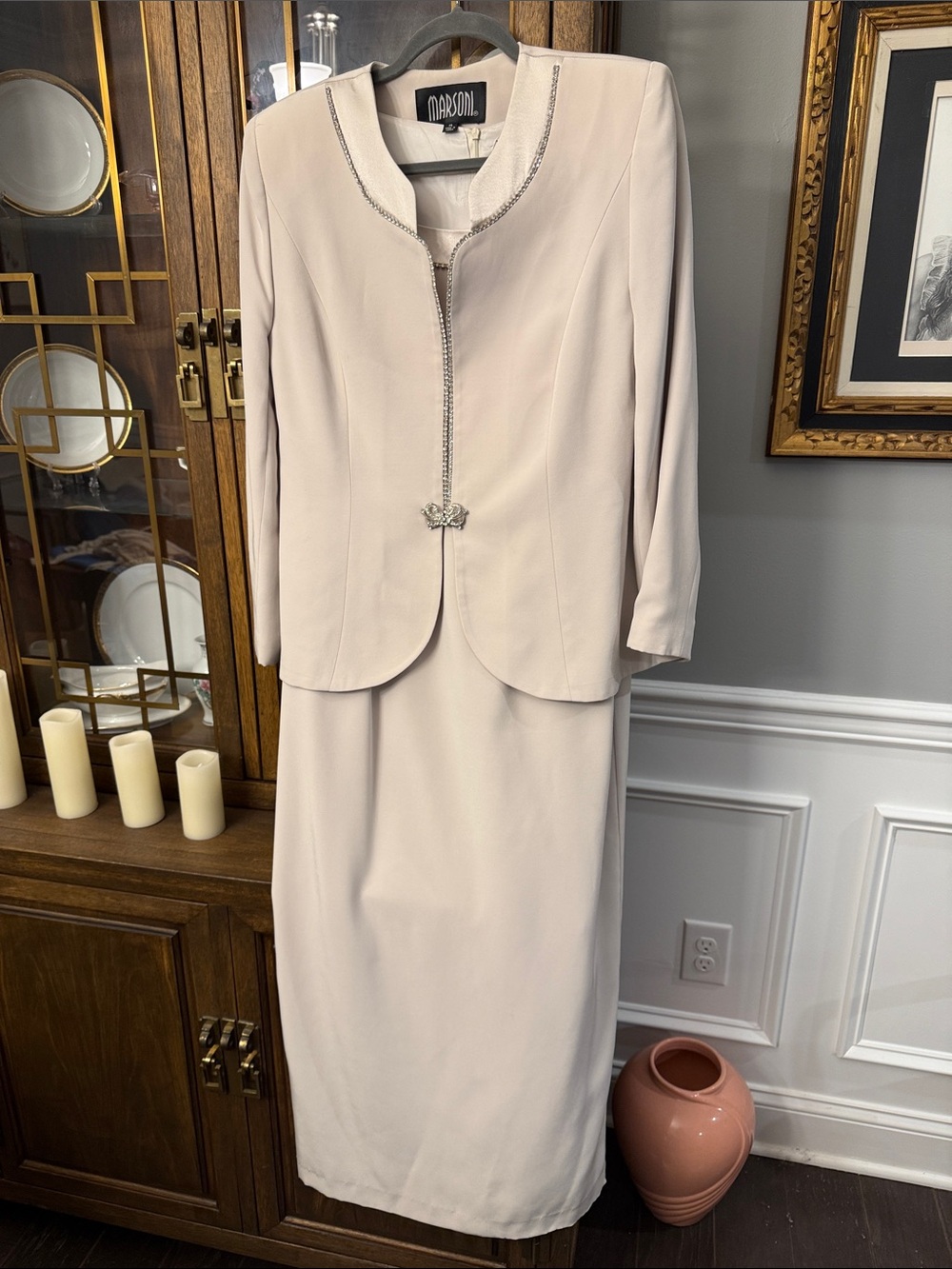 Marsoni Taupe Two-Piece Skirt Suit with Decorative Trim